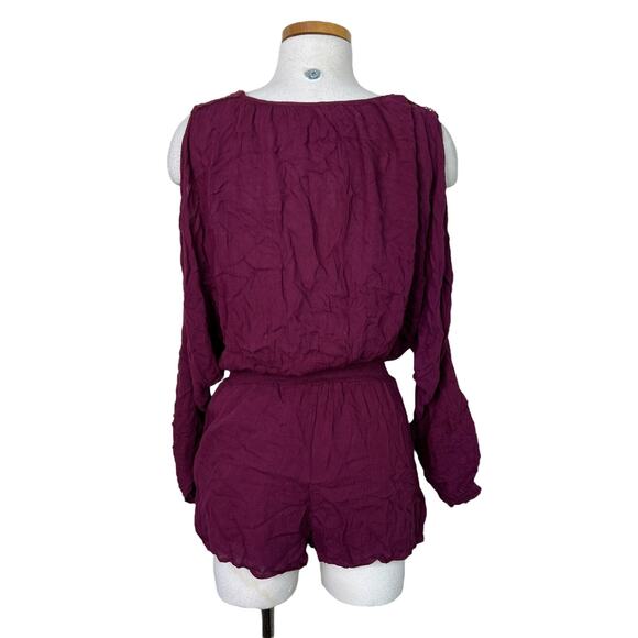 Free People Embroidered Faux Wrap Cold Shoulder Gauze Romper Maroon Womens XS - Picture 2 of 7